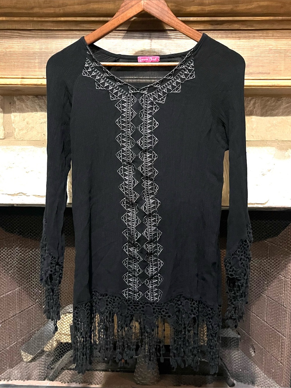 Boho Black Embroidered Fringe Tunic Top Lace Trim Long Sleeve
